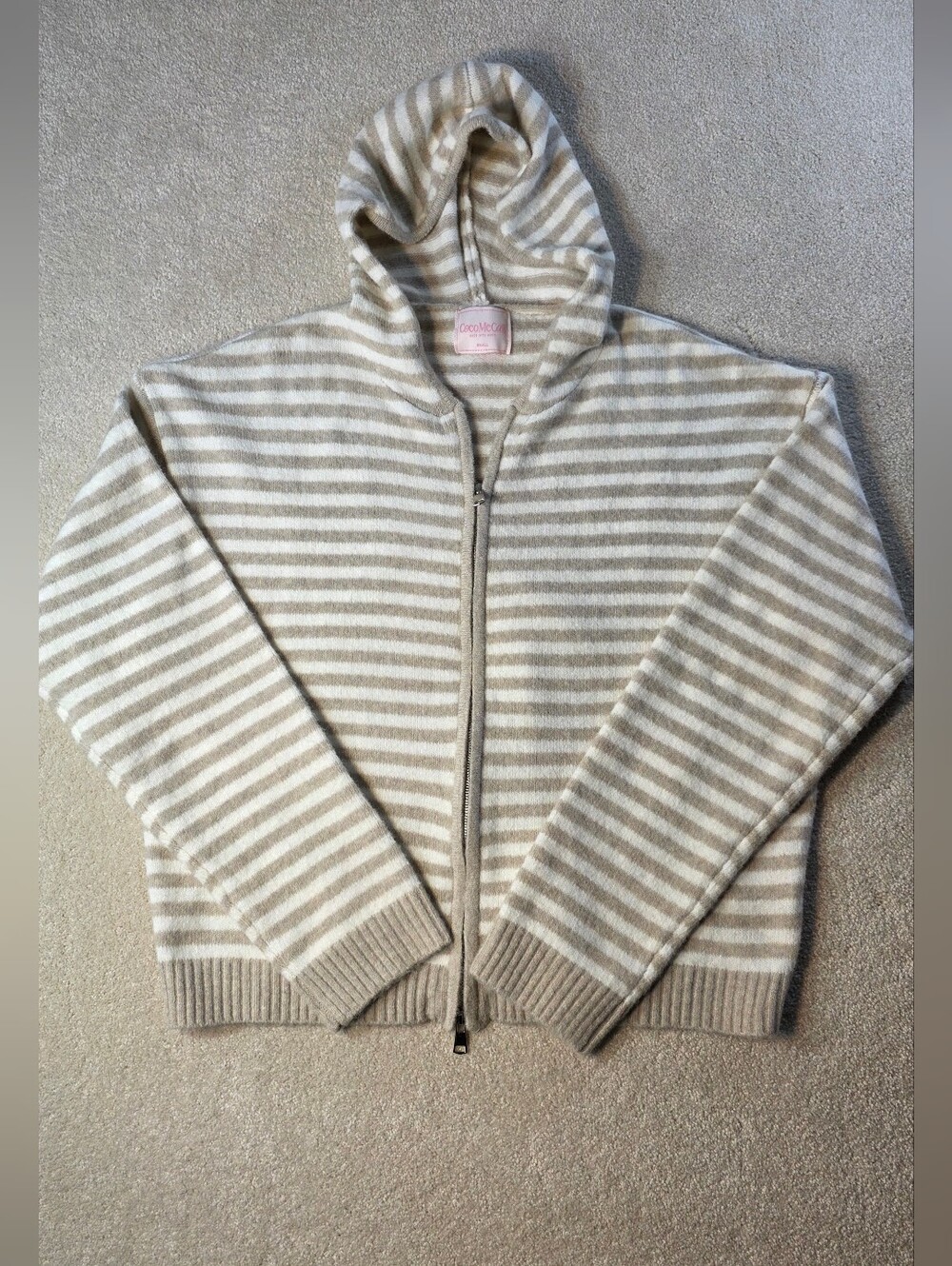 Coco McCall Club Cutie Zip Up Striped Cardigan Hooded Boxy Soft Staple Piece S